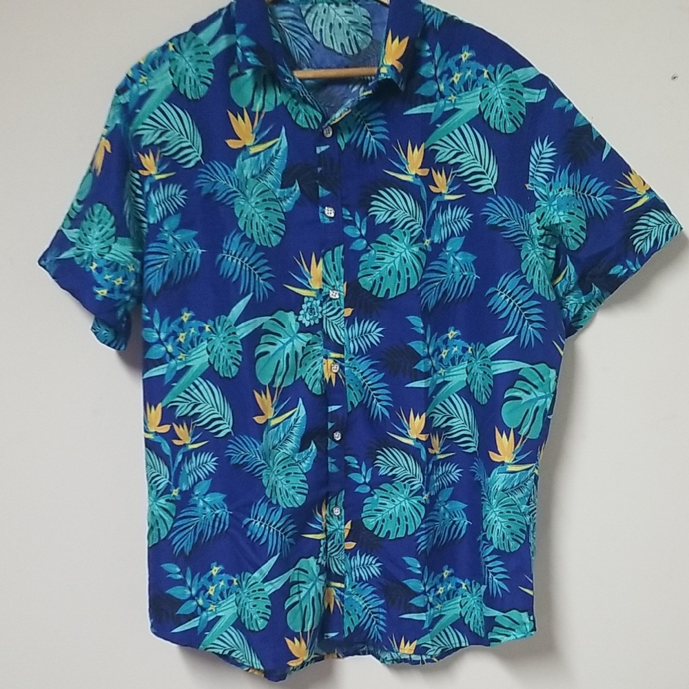 Source Unknown Blue and Green Leaf Print Shirt
